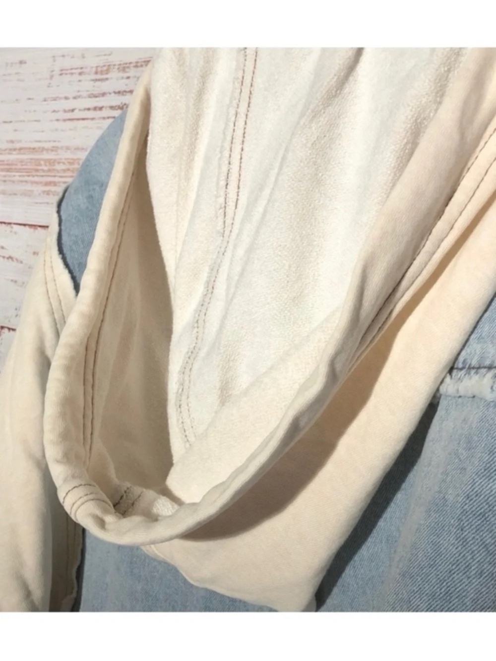 New Easel Two Tone Denim Cream Terry Hooded Jacket Small Lightweight Frayed Hem - Picture 5 of 5